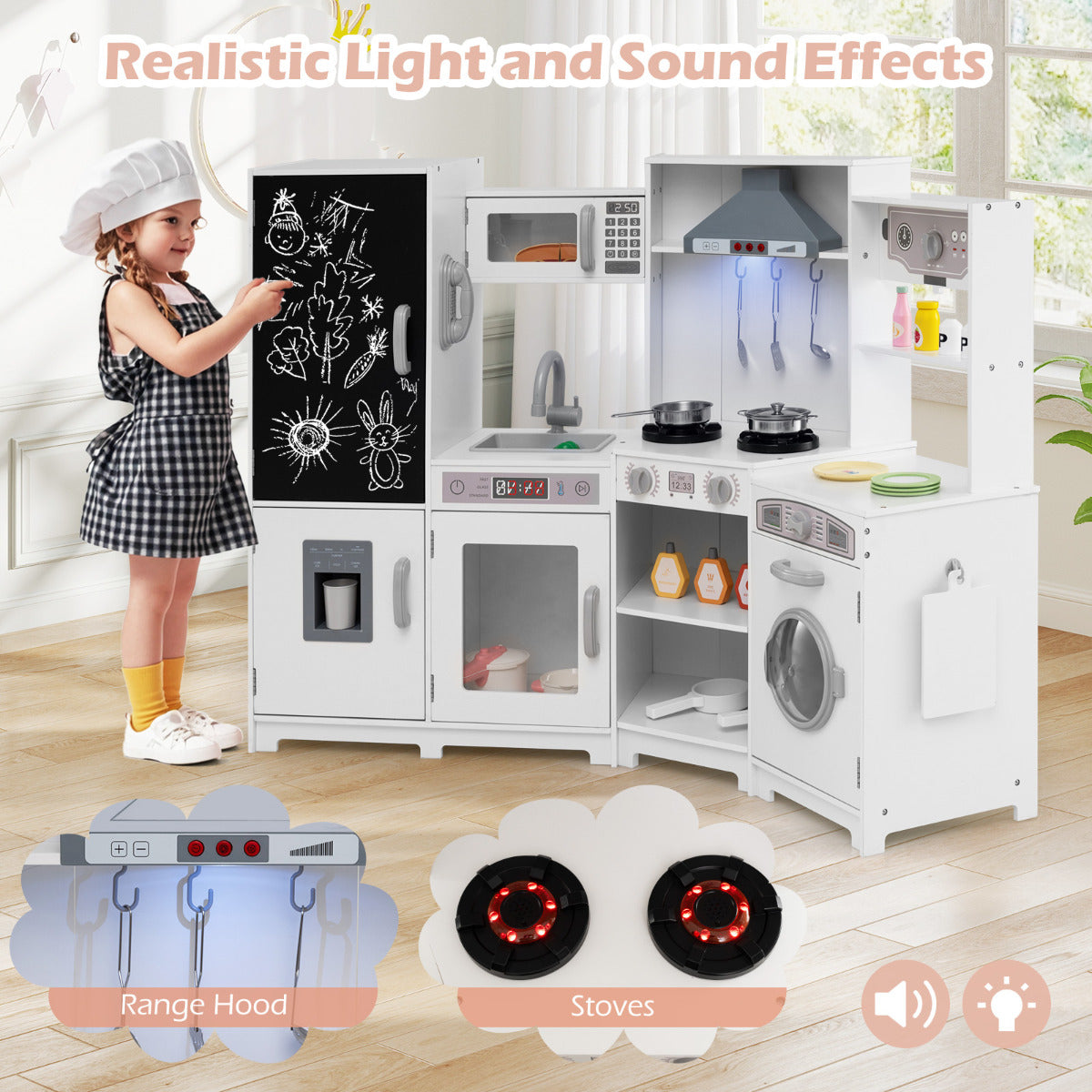 The play kitchen set highlighting the light and sound effects on the stove and range hood