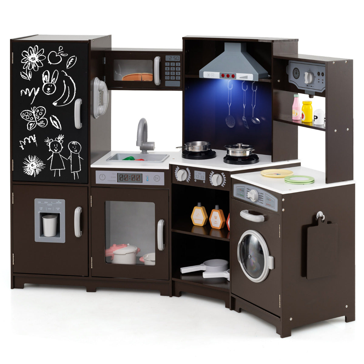 Corner Wooden Play Kitchen with integrated microwave, hob, sink, oven and washing machine