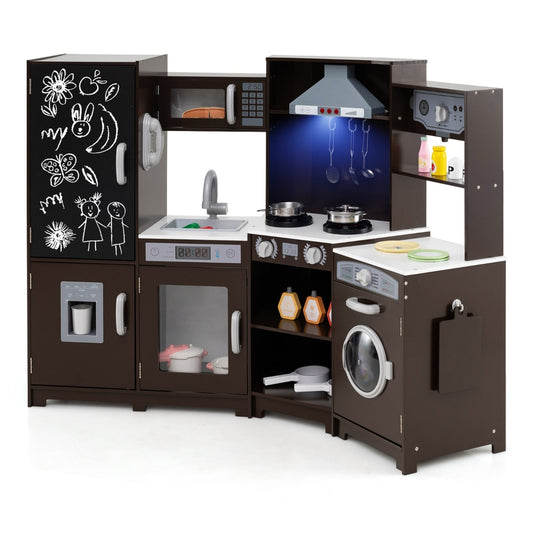 Corner Wooden Play Kitchen with integrated microwave, hob, sink, oven and washing machine