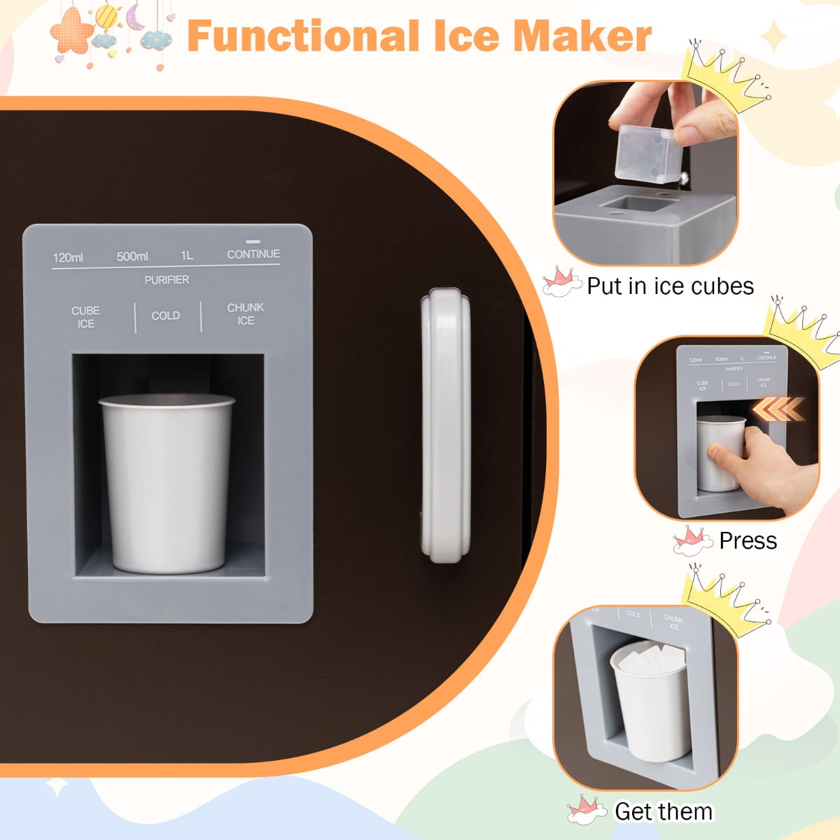 Functional ice maker demonstration for the toy kitchen