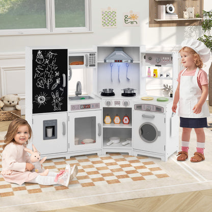 The play kitchen set in a bright room with two children playing with the toy accessories