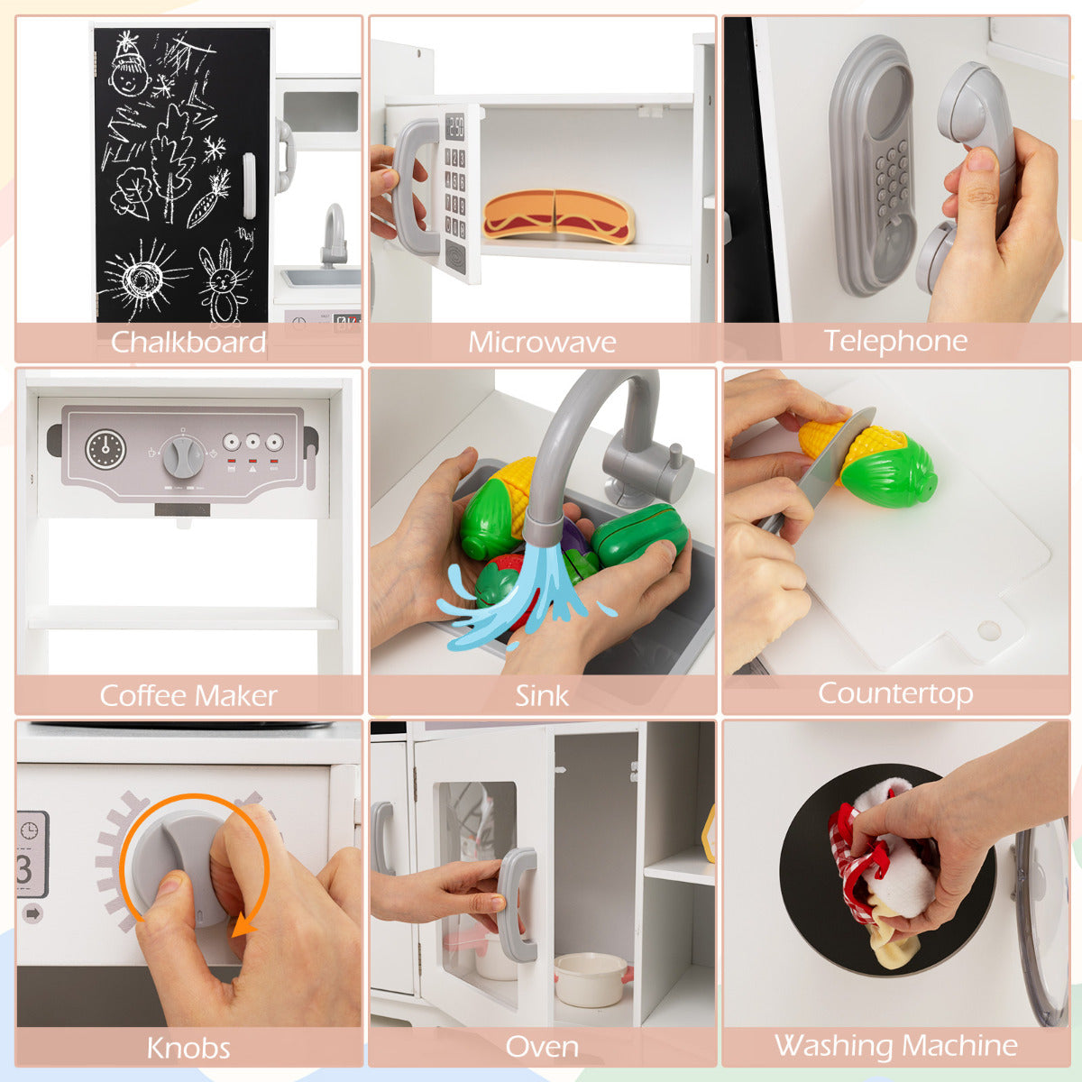 The play kitchen set showing a collage of interactive parts like the phone and sink