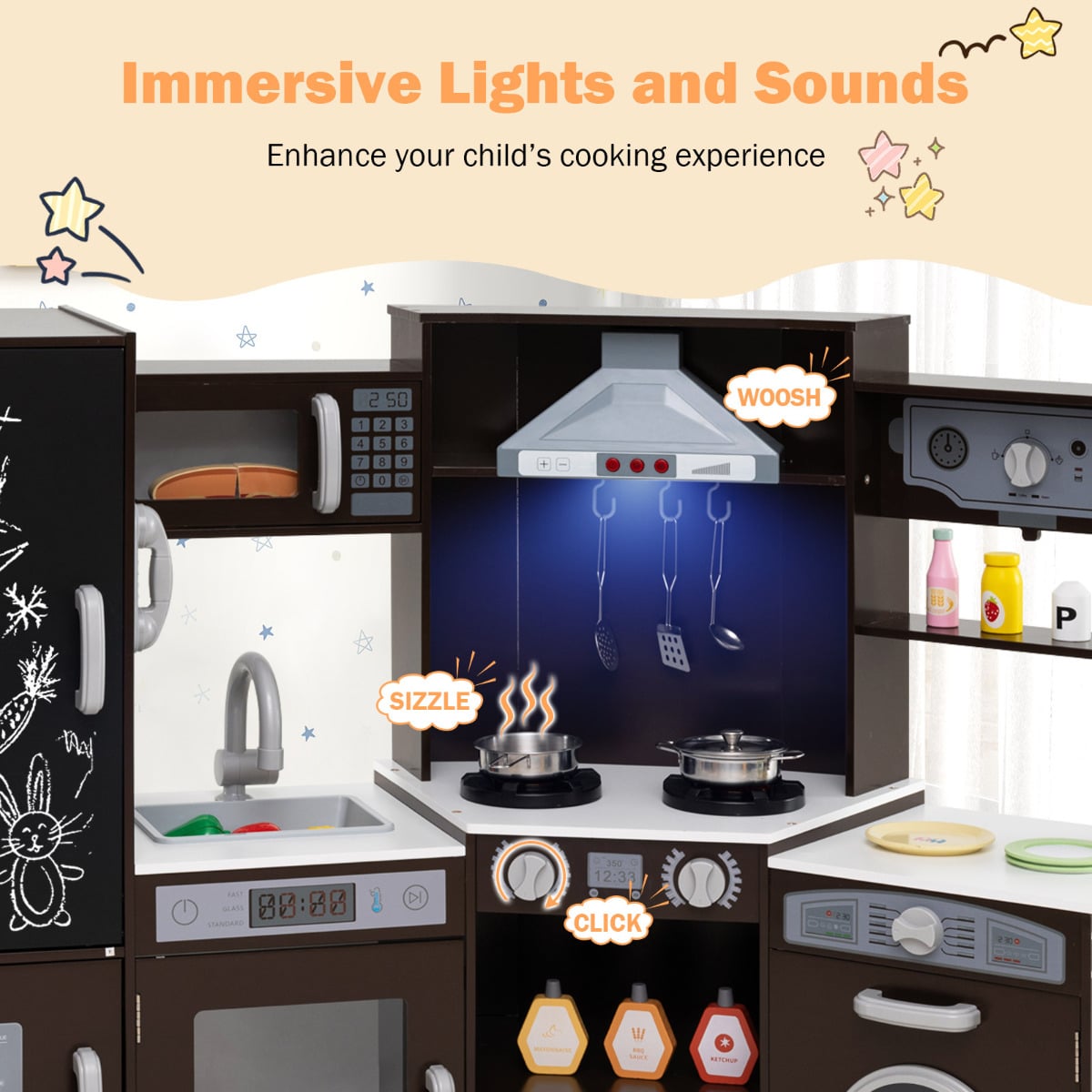 Close up of the play kitchen set showing lights and sounds features