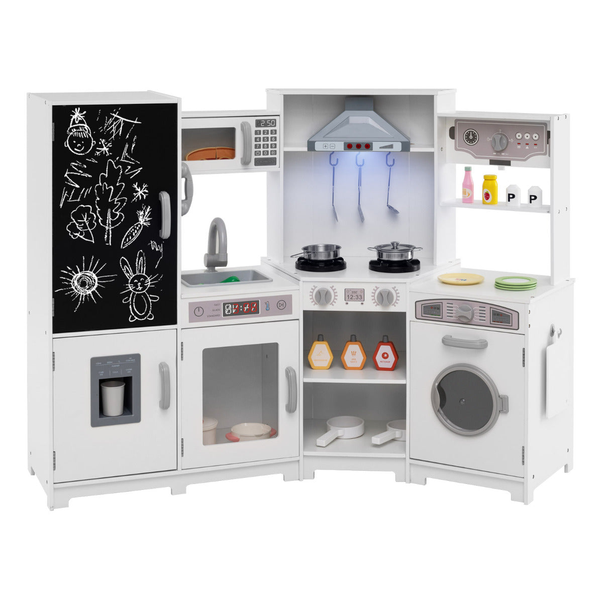 Corner Wooden Play Kitchen with a chalkboard fridge, stove, and washing machine in white