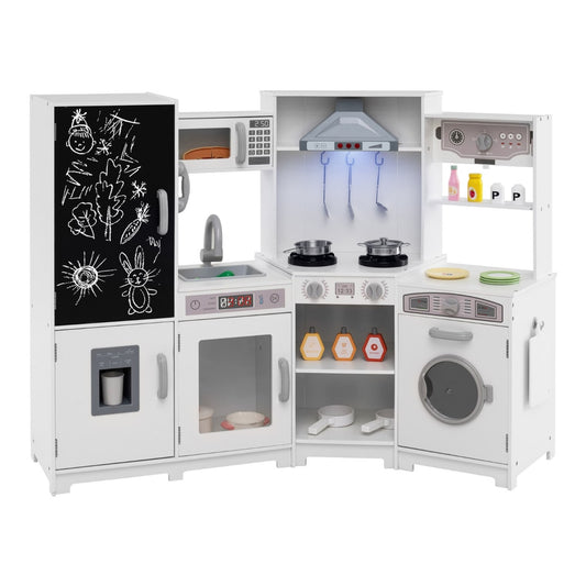 Corner Wooden Play Kitchen with a chalkboard fridge, stove, and washing machine in white