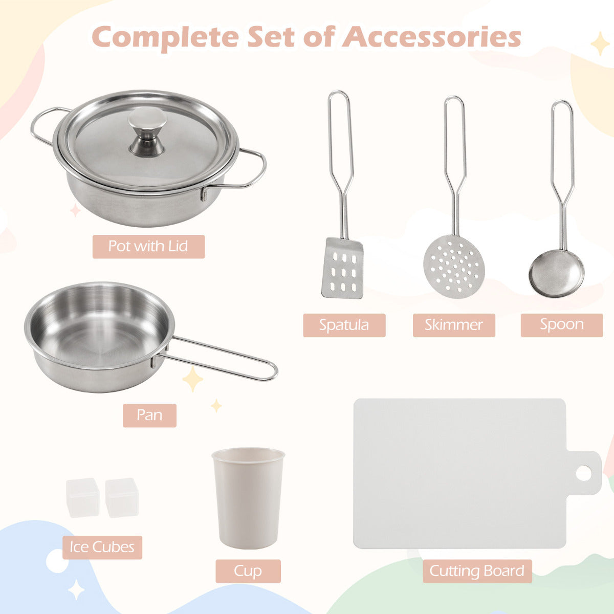 The play kitchen set showing all the included metal pots, pans, and plastic accessories