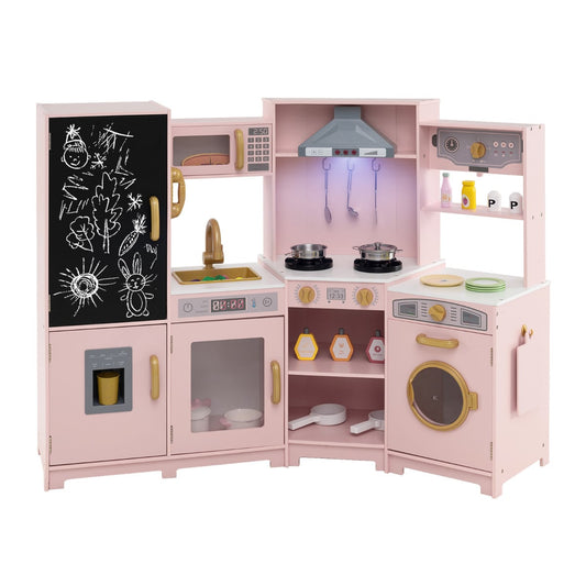 Corner Wooden Play Kitchen in pink with a chalkboard, microwave, sink, stove, and washing machine