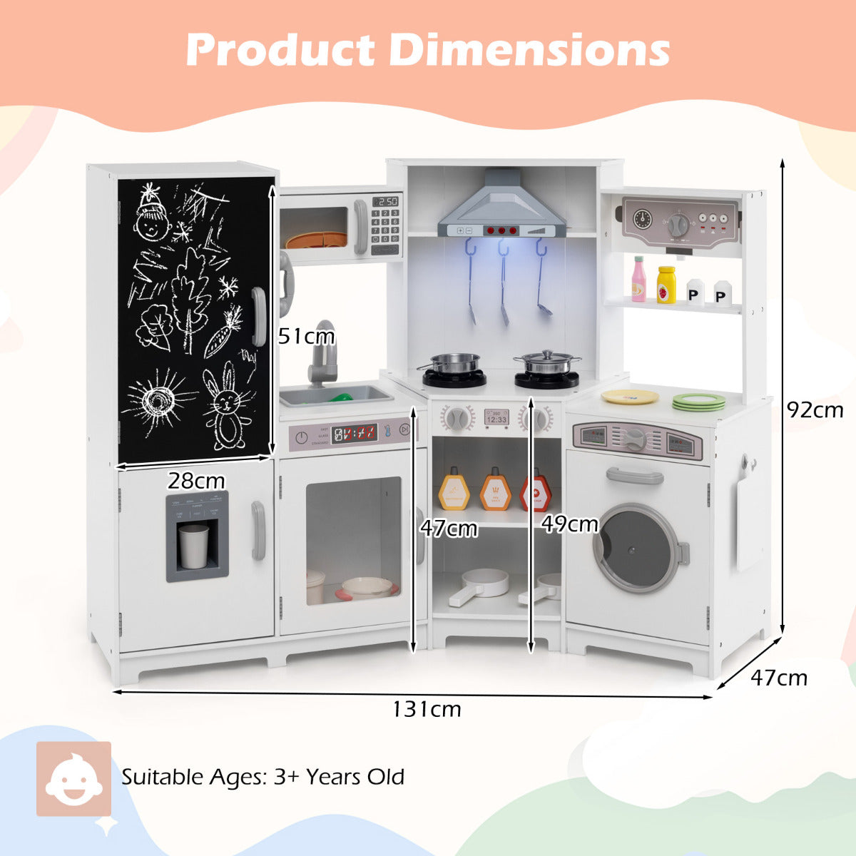 The play kitchen set shown with black dimension lines and labels indicating its size