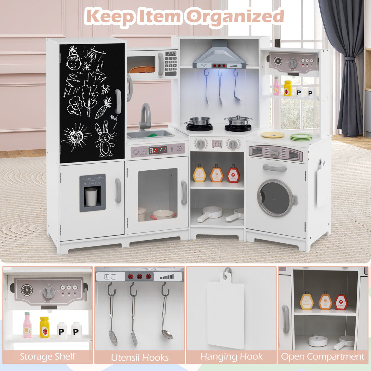 The play kitchen set with a bottom panel showing the storage shelves and utensil hooks