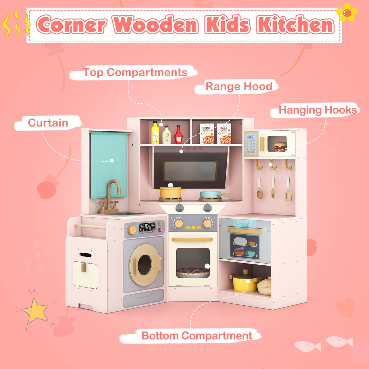 Corner Kitchen Playset with Pull-out Trash Can-Pink