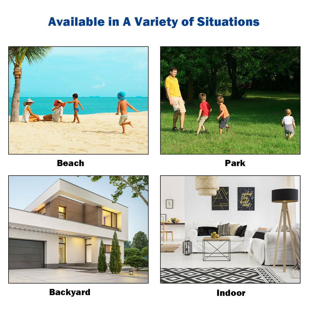 Cornhole game shown in various settings