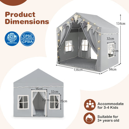 Product dimensions diagram for the grey play tent house, showing measurements and capacity