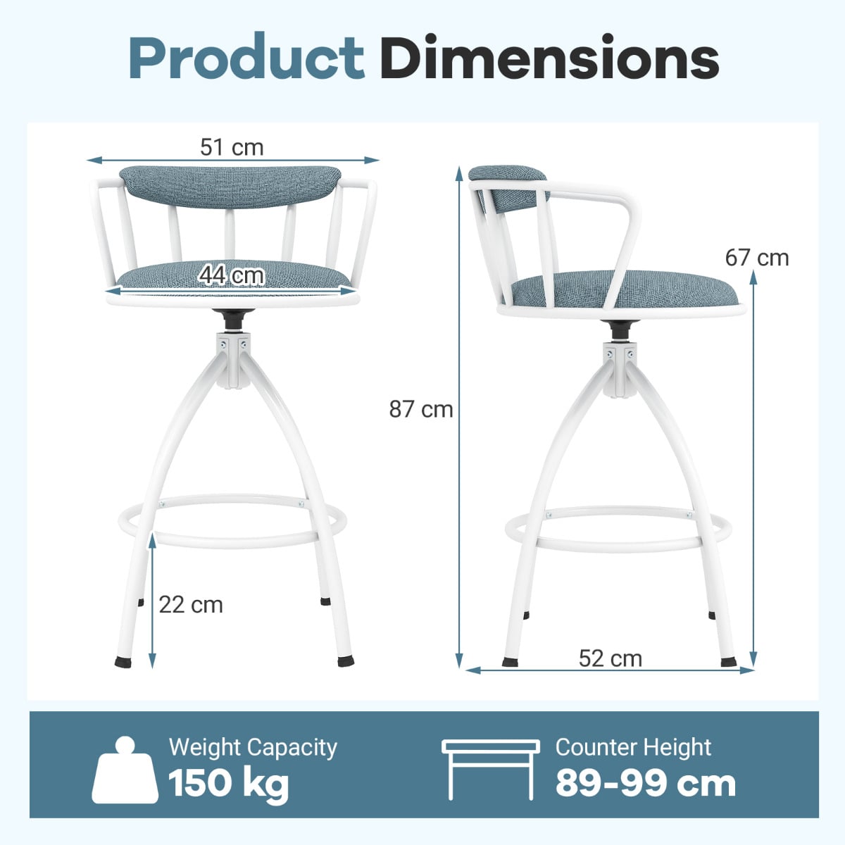 Counter Height Swivel Bar Stools Set of 2 Upholstered Barsools with Backrest-Blue