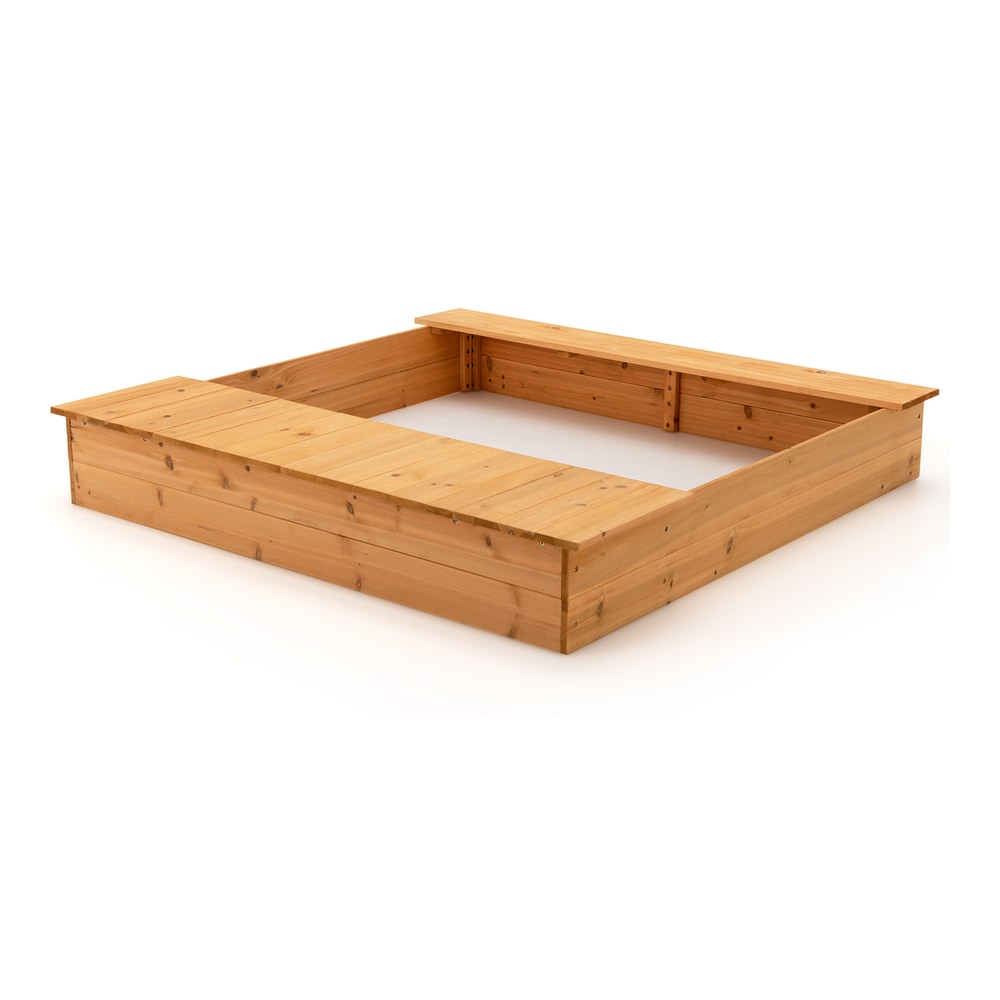 Covered Wooden Kids Sandbox with a bottomless design and built-in seating