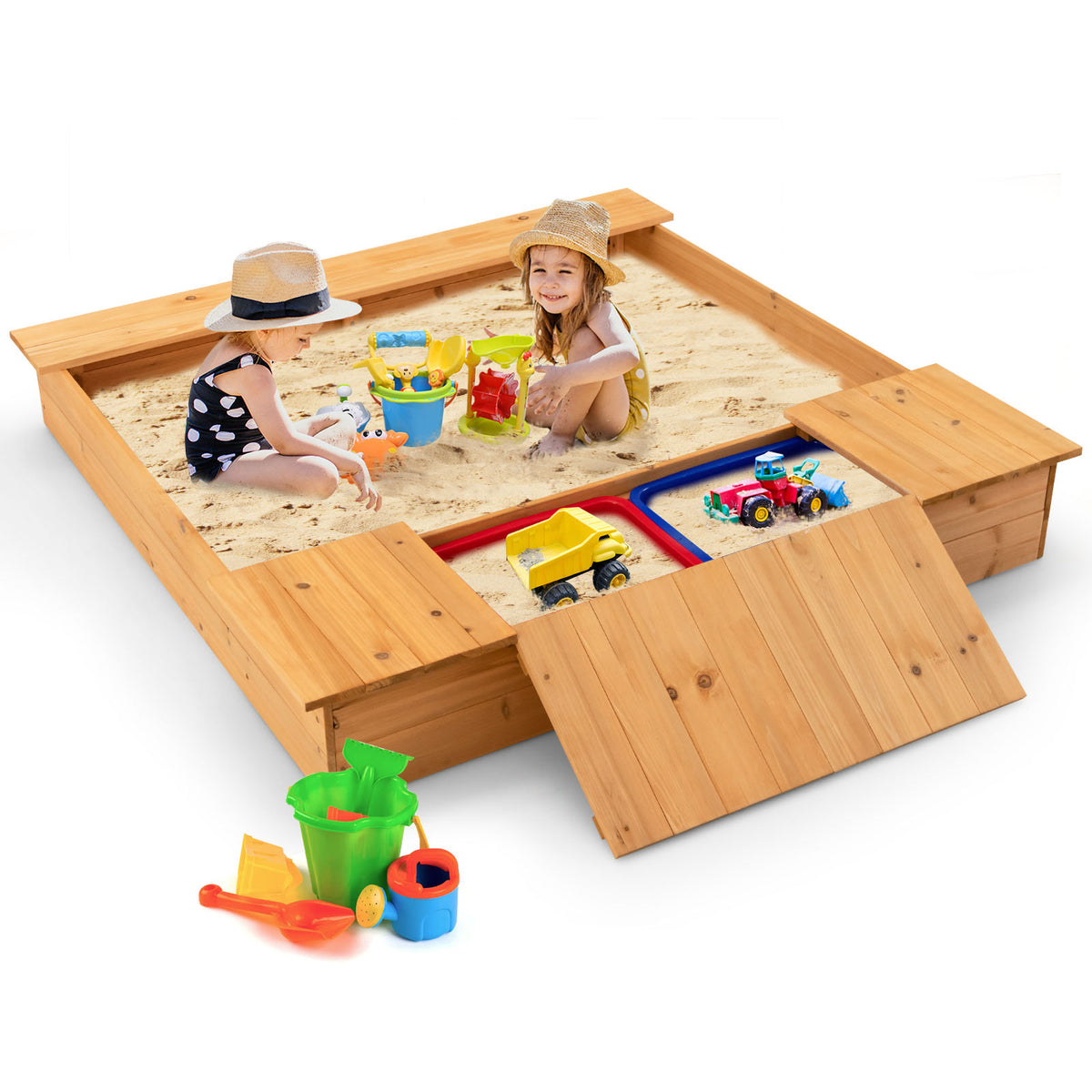Two children playing with toys in the wooden sandbox which has two storage boxes