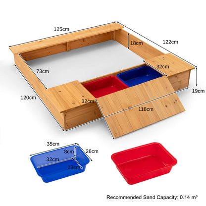 Diagram showing the dimensions of the wooden sandbox and its storage boxes