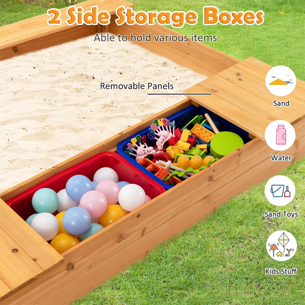Close up of the two side storage boxes on the wooden sandbox, one red and one blue