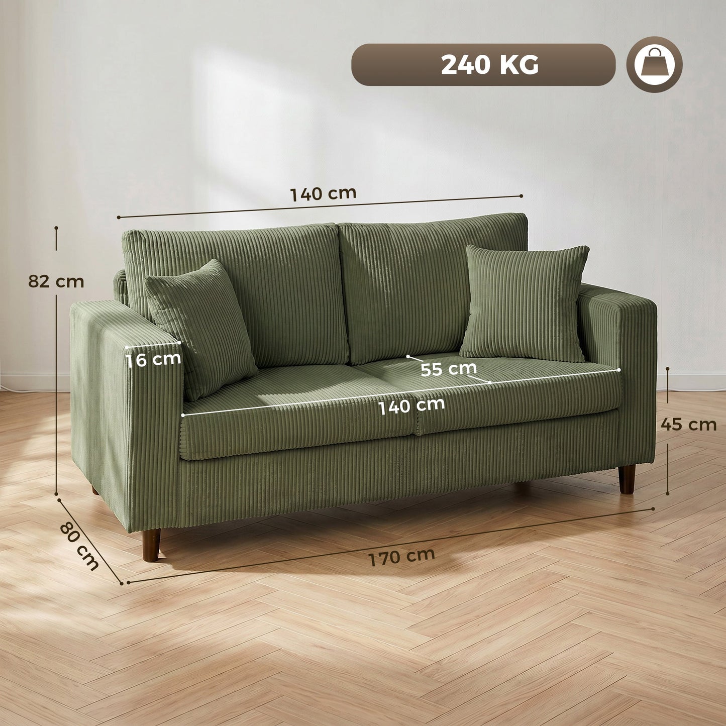 HOMCOM Loveseat Sofa with Wide Seat, Corduroy 2 Seater Couch with Deep Seat, Spring Cushion, Green