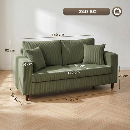 HOMCOM Loveseat Sofa with Wide Seat, Corduroy 2 Seater Couch with Deep Seat, Spring Cushion, Green