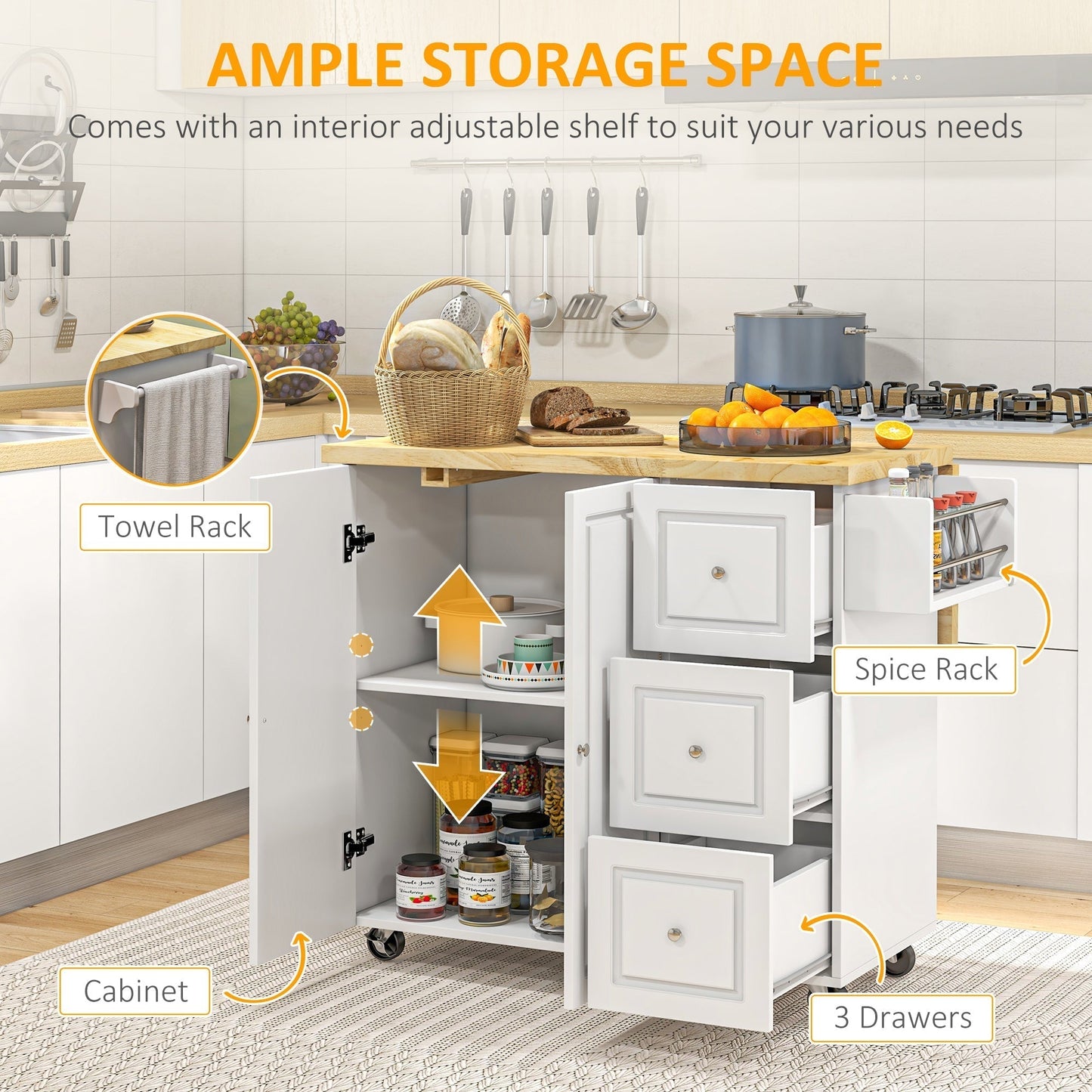 HOMCOM Drop-Leaf Kitchen Island on Wheels with Extendable Rubber Wood Worktop, Rolling Kitchen Storage Trolley, Utility Storage Cart with Drawers & Cabinet for Kitchen, Dining & Living Room, White