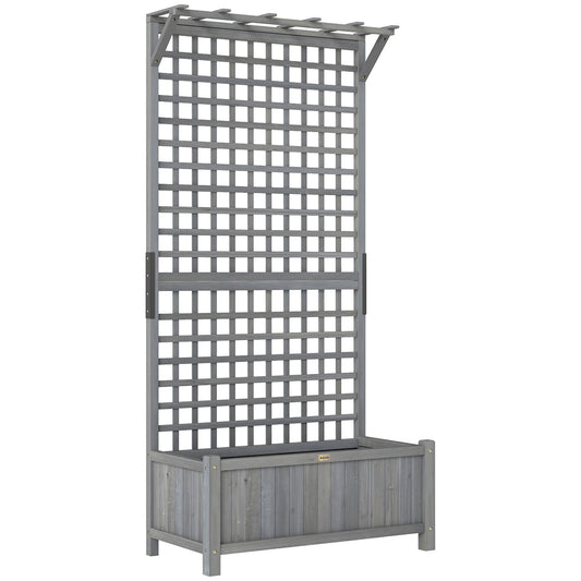 Outsunny Raised Bed with Drainage Holes, Wood Planter with Trellis for Climbing Plants, Dark Grey