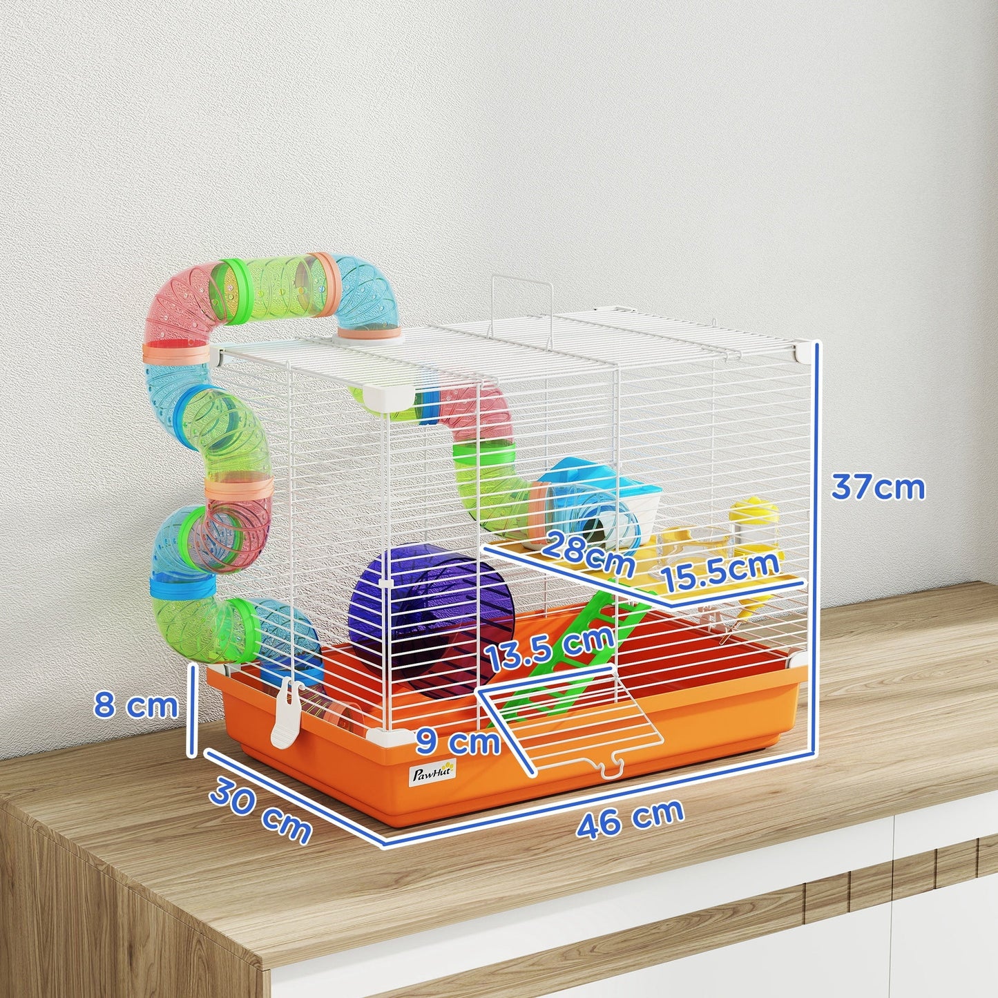 PawHut 2 Tier Hamster Cage, Gerbil Cage with Handle, Exercise Wheels, Tunnel, Water Bottle, Dishes, Ladder, for Dwarf
