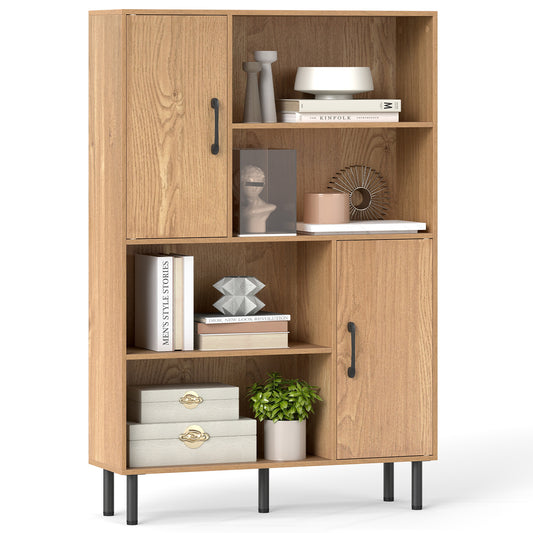 Cube Storage Cabinet with Metal Legs and Anti-topping Kits, a natural wood finish cabinet with black metal legs and two doors