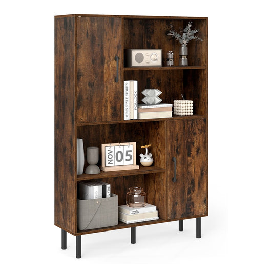 Cube Storage Cabinet with Metal Legs and Anti-topping Kits in rustic brown with two doors and open shelves