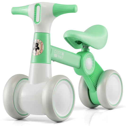 Cute Baby Balance Bike 4 Wheels with steering handlebars, a green and white ride-on toy