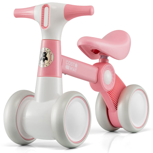Cute Baby Balance Bike 4 Wheels with steering handlebars, a pink and white ride-on toy