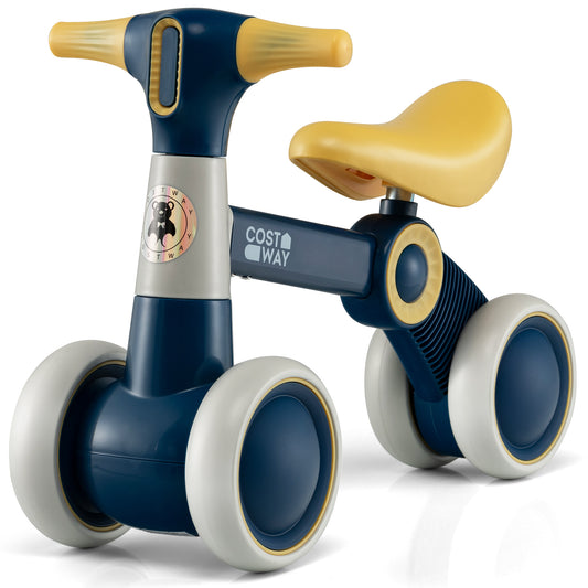 Cute Baby Balance Bike 4 Wheels with yellow seat and blue frame on a white background