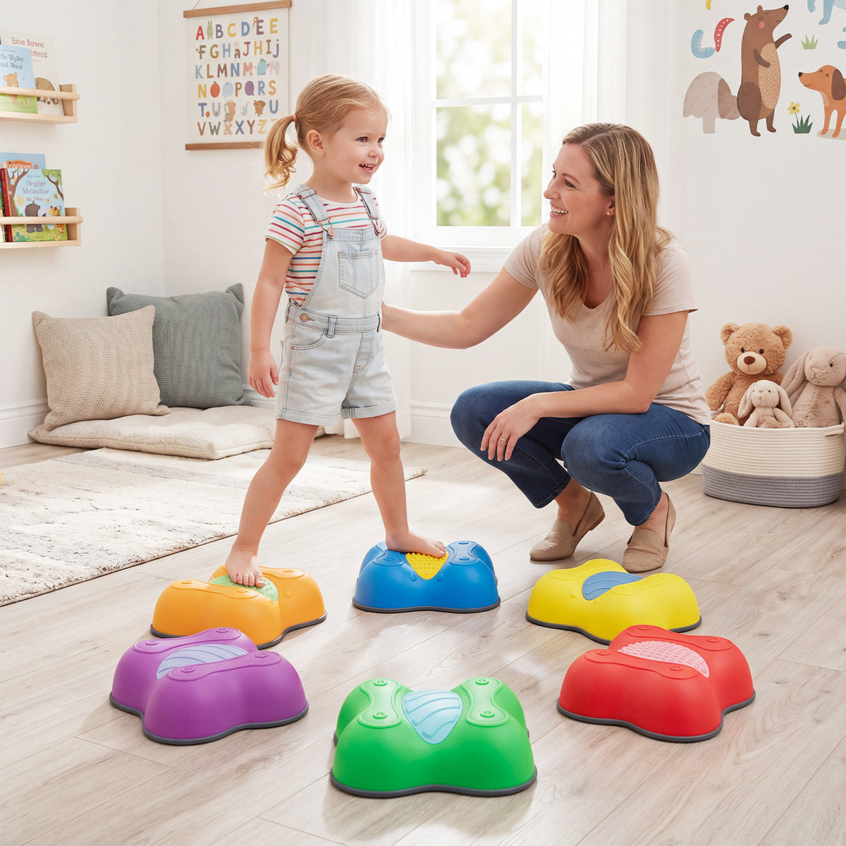 A mother and daughter using the stepping stones indoors