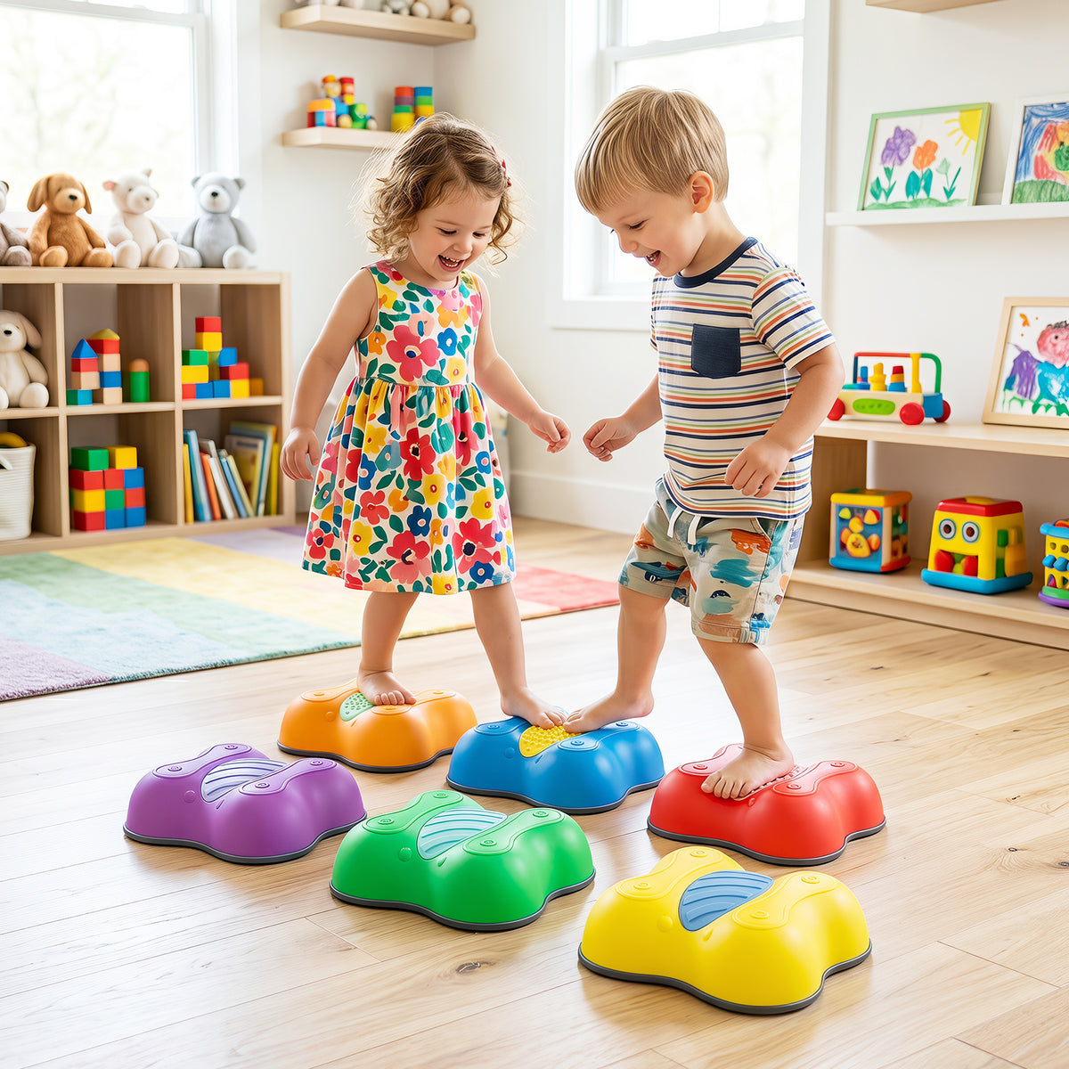 Children playing on the stepping stones on a wooden floor