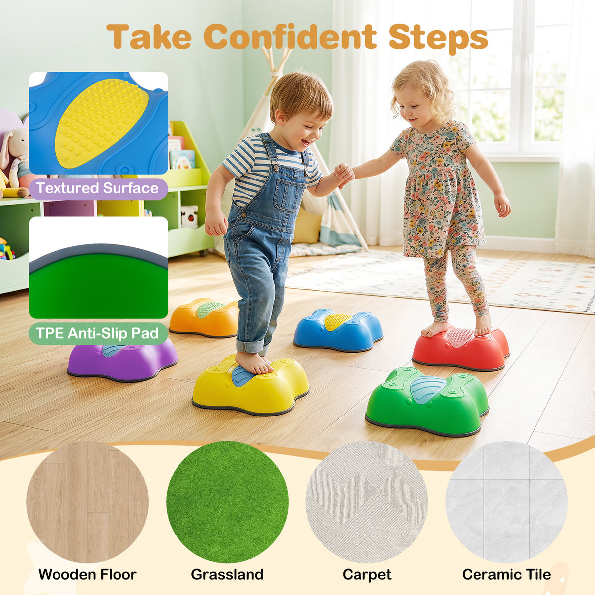 Children stepping on the stones on different surfaces