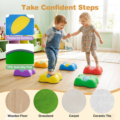 Children stepping on the stones on different surfaces