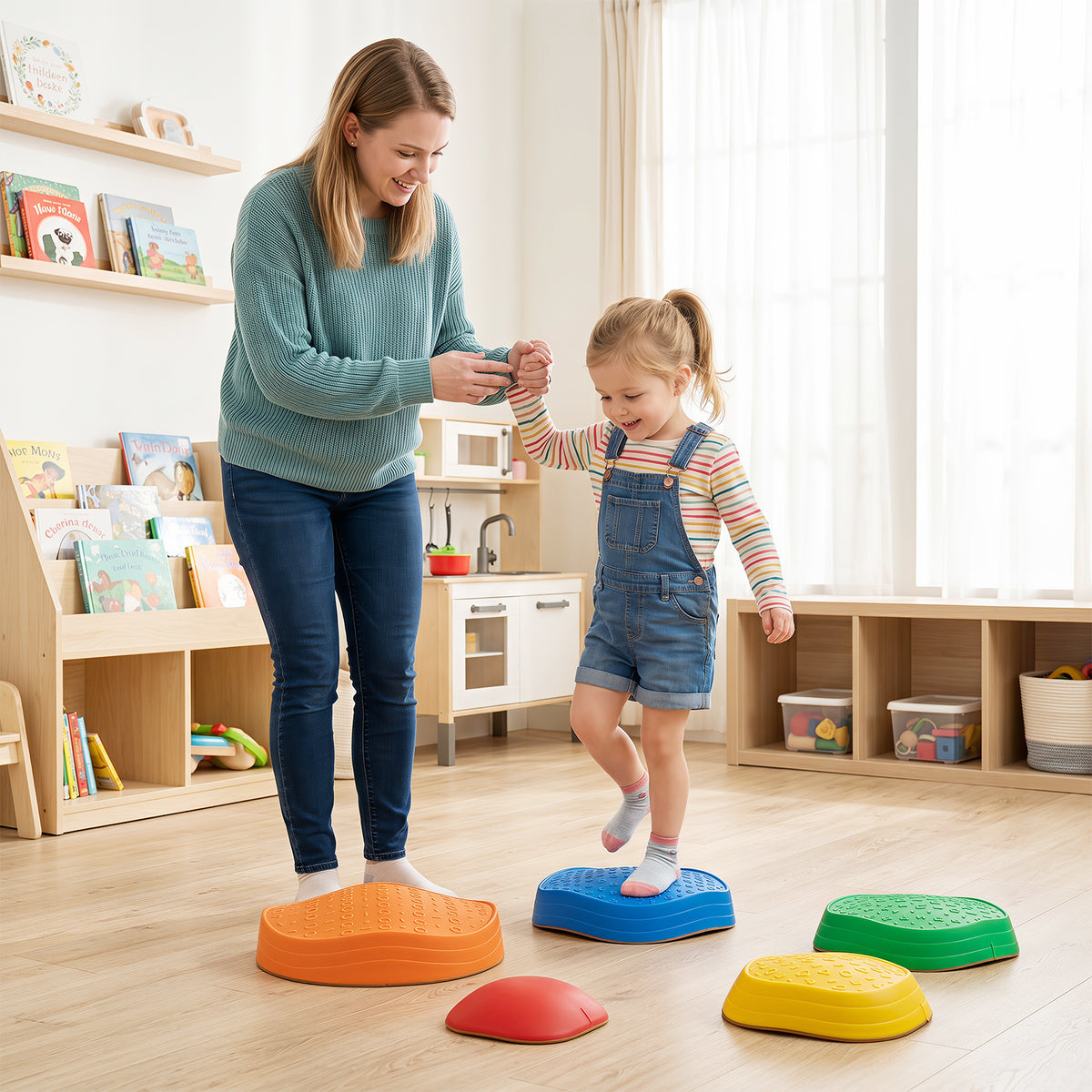 A woman helping a child step on the toy sports stepping stones indoors