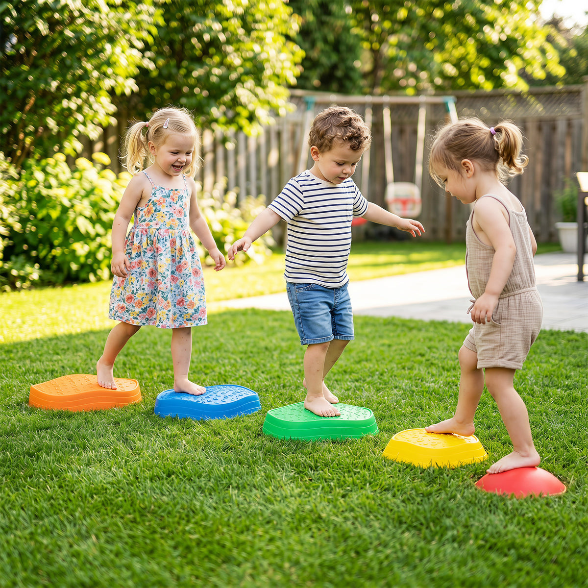 Children playing on the toy sports stepping stones in a garden on the grass