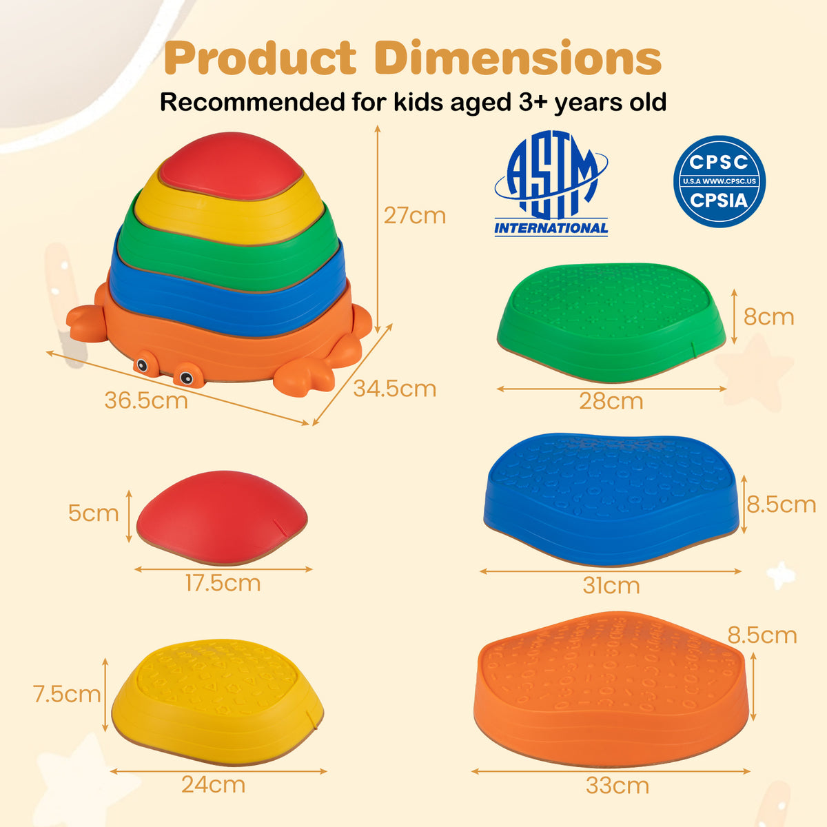 Dimensions of the toy sports stepping stones and crab stack