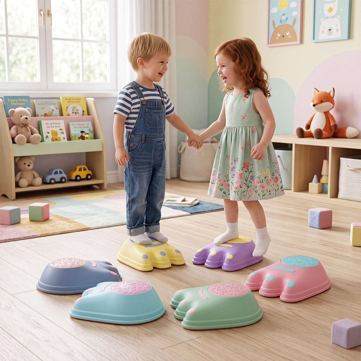 Children using the monster stepping stones in a playroom setting