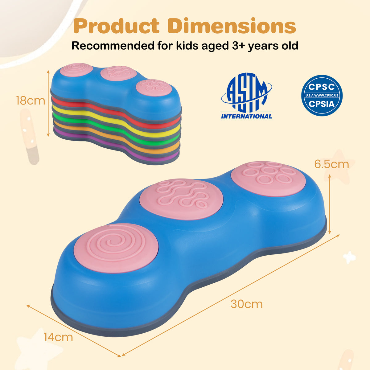 A diagram showing the dimensions of the stepping stones with measurements