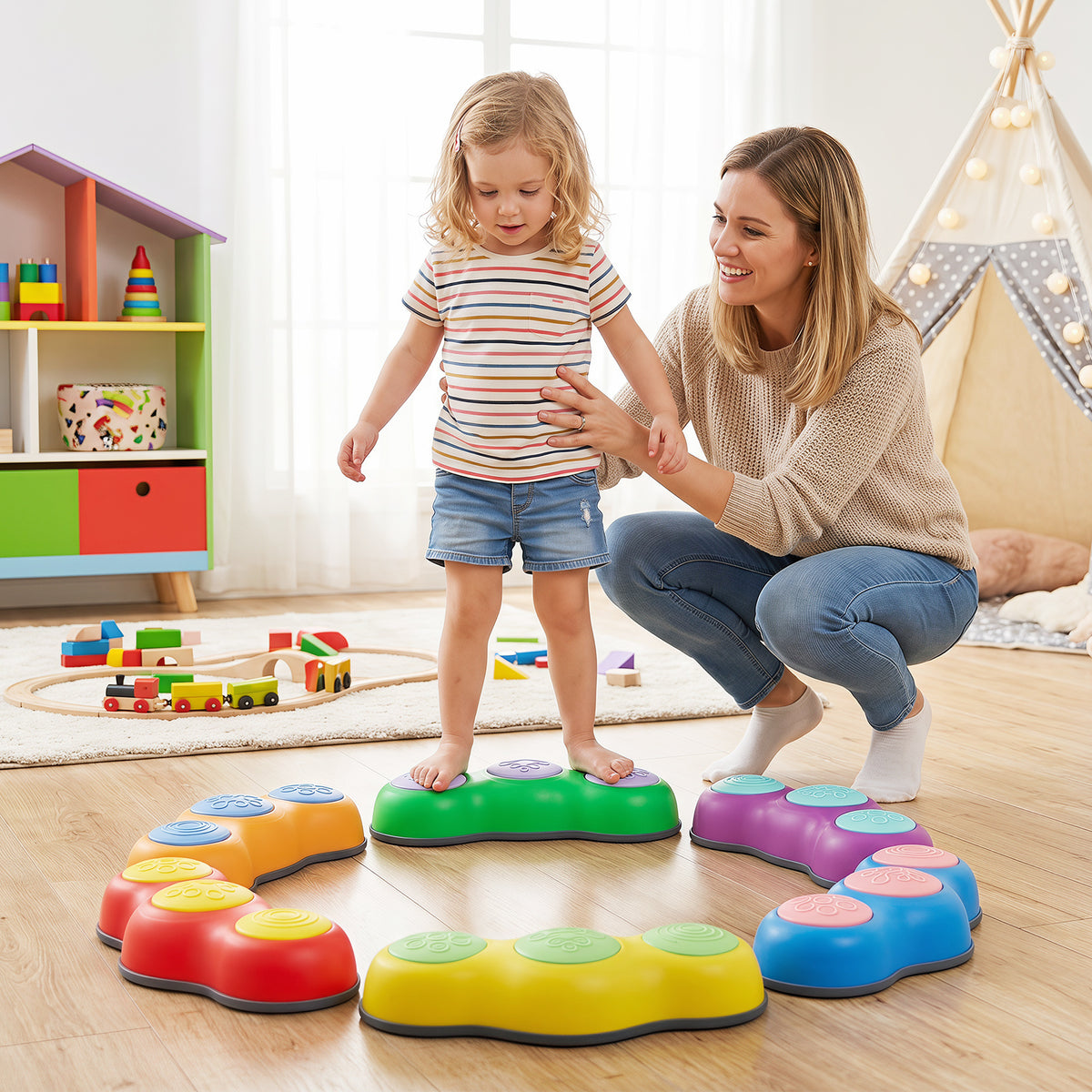 A mother and child using the stepping stones indoors in a playroom