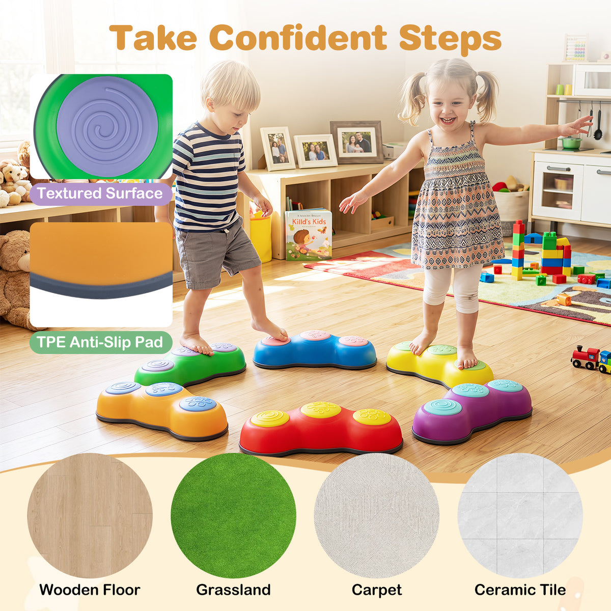 Different floor surfaces shown with stepping stones on them