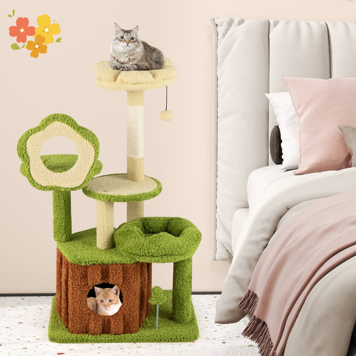 Cute Cat Tree for Adult Cats with Trunk Condo and Flower Perch-Green