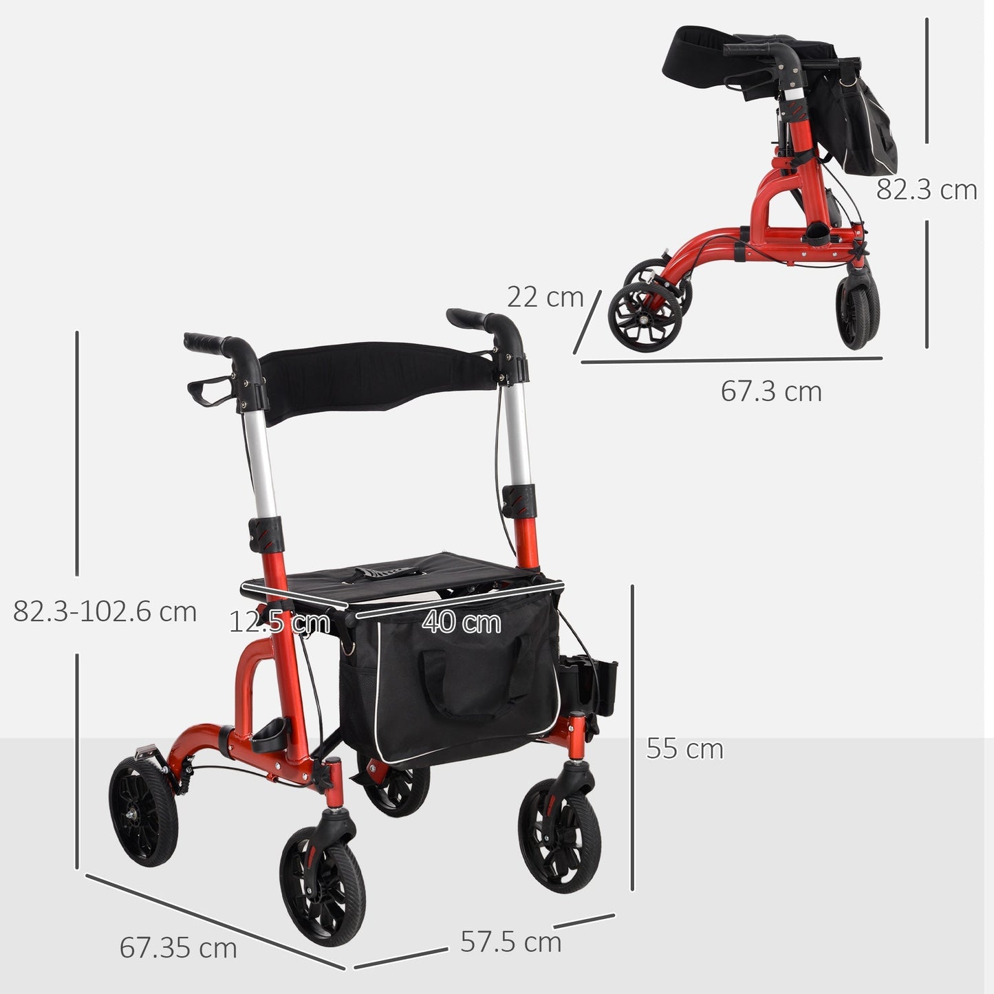 HOMCOM Lightweight Walking Frame, Folding Rollator Walker with Seat and Backrest, Red