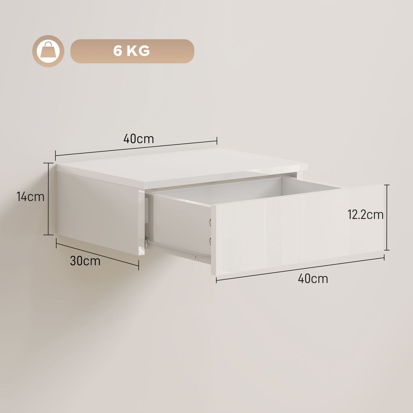 HOMCOM Floating Bedside Table Set of 2, Wall-Mounted Nightstand with High Gloss Finish & Storage Drawer, White