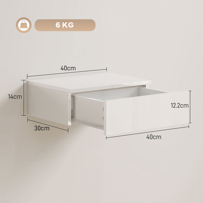 HOMCOM Floating Bedside Table Set of 2, Wall-Mounted Nightstand with High Gloss Finish & Storage Drawer, White