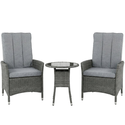 Outsunny Rattan Bistro Set, Reclining Garden Chairs and Glass Coffee Table with Cushions for Patio Balcony Porch, Grey