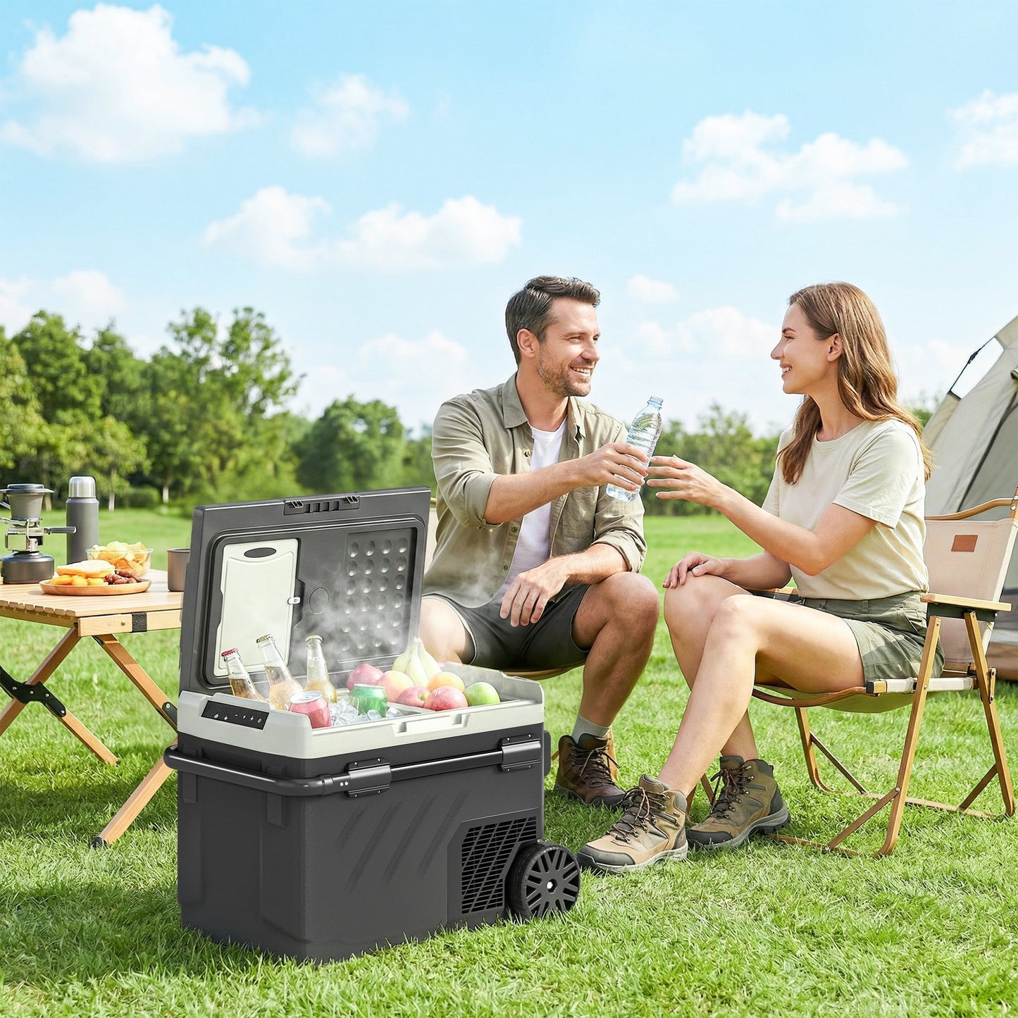 Outsunny 40L Compressor Car Fridge Freezer, Dual Zone Camping Refrigerator with App Control, Telescopic Handle, -20 degreesC-20 degreesC