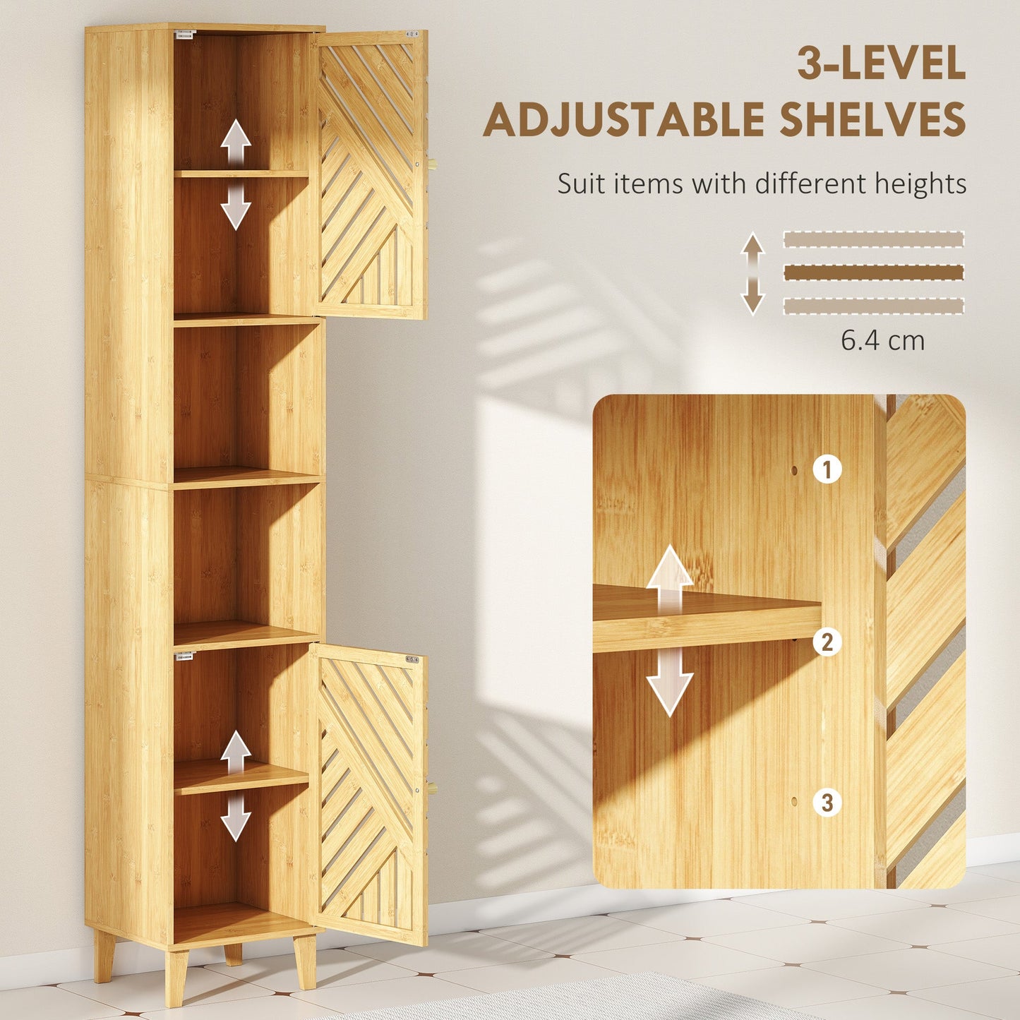 HOMCOM Multi-Storage Bamboo Door Bathroom Cabinet - Natural Finish