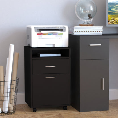 خزانة ملفات HOMCOM 60 سم مع درج ورف مفتوح ومقابض معدنية و 4 عجلات، منظم مكتبي منزلي طابعة متحركة، أسود